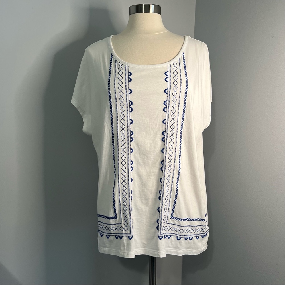 Talbots XL White Cap Sleeve Top Blue Embroidery Boho